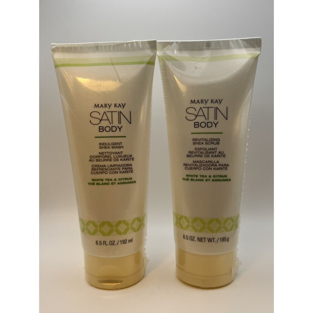 Mary Kay Satin Body White Tea Citrus Shea Wash Scrub 6.5 oz Set 2 NEW SEALED